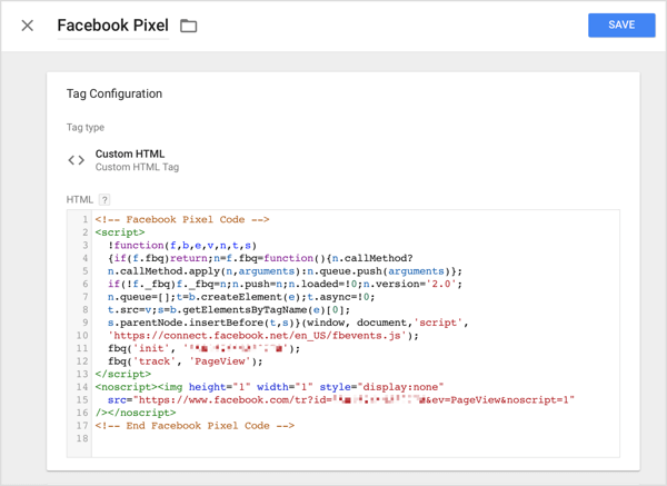 V Google Upravitelju oznak kliknite možnost HTML po meri in v polje HTML prilepite kodo za sledenje, ki ste jo kopirali iz Facebooka.