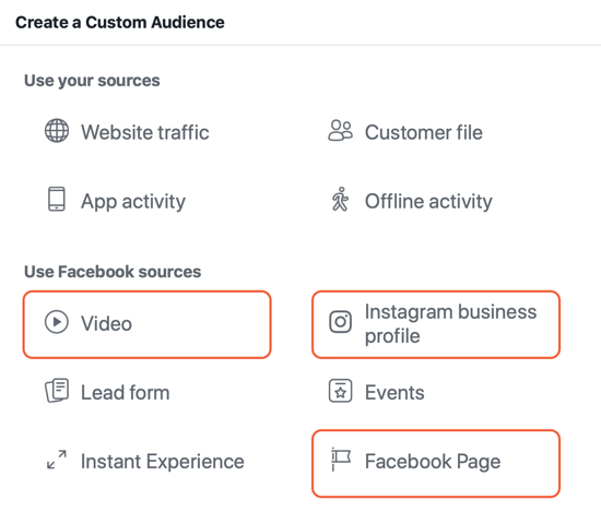 Kako ustvariti oglase za doseg na Facebooku, primer virov za ciljne skupine, ki temeljijo na angažiranosti za oglase
