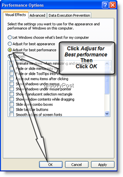 Windows XP Prilagodite za najboljšo učinkovitost