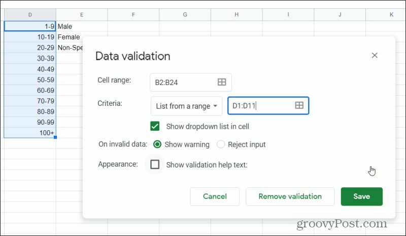 okno za preverjanje podatkov v Google Preglednicah
