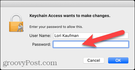 Vnesite uporabniško ime in geslo za Keychain Access
