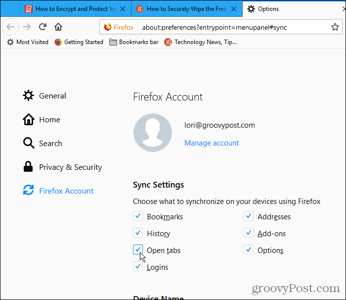 Označite Odpri zavihke v nastavitvah Sync v Firefoxu za Windows