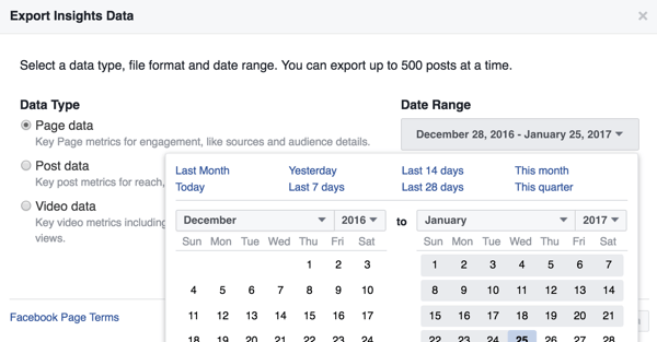 Spremenite lahko časovno obdobje za podatke Facebook Insights, ki jih prenašate.
