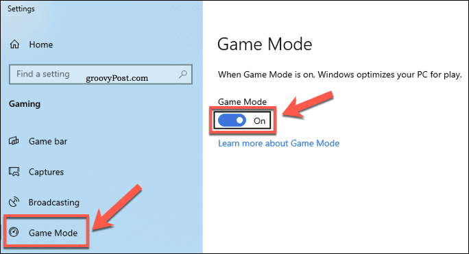 Nastavitve sistema Windows Meni načina igre