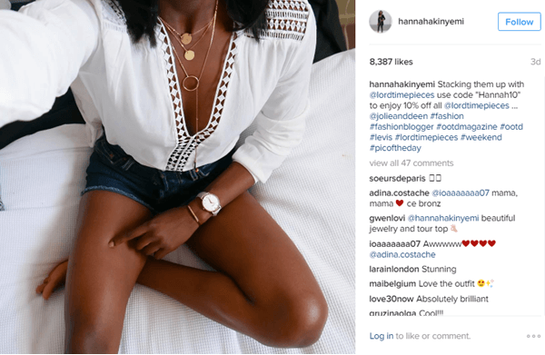 Model Hannah Akinyemi ima uro znamke Lord Timepieces, skupaj s kodo za popust na Instagramu.