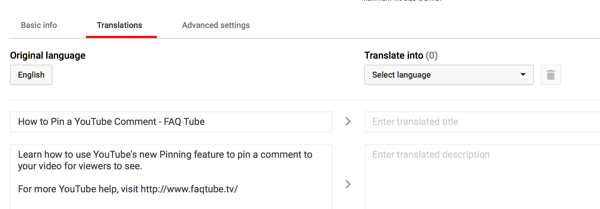 Na zavihku Prevodi za videoposnetek v YouTubu vnesite preveden naslov in opis.