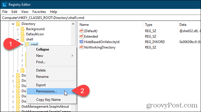Z desno miškino tipko kliknite registrski ključ in v Windows urejevalniku registra izberite Dovoljenja
