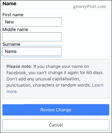 Urejanje imena v mobilni aplikaciji Facebook