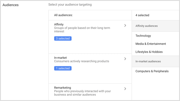 Nastavitve ciljnih skupin za oglaševalsko akcijo Google AdWords.