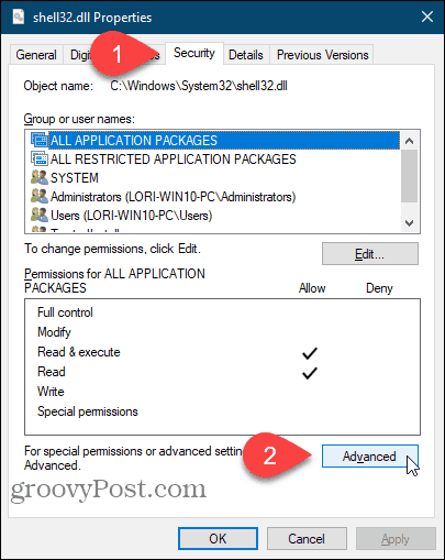 V pogovornem oknu Lastnosti v urejevalniku registra sistema Windows kliknite Napredno
