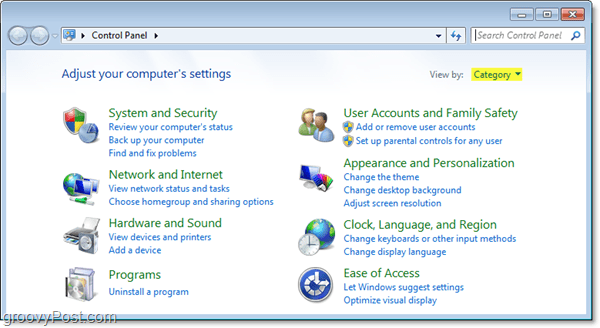 nadzorna plošča Windows 7 v pogledu kategorije