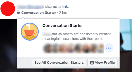 Zdi se, da Facebook eksperimentira z novimi značkami Conversation Starter, ki poudarjajo uporabnike in skrbnike, ki s svojimi objavami nenehno ustvarjajo smiselne razprave.