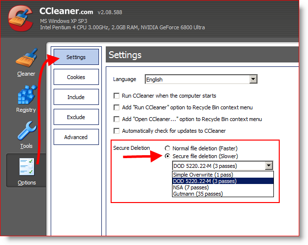 Konfigurirajte CCleaner za varno brisanje in brisanje datotek 3-krat ali DOD 5220.22-M