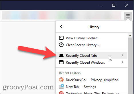 Izberite Nedavno zaprti zavihki v Firefoxu