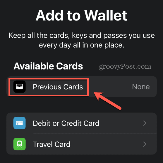 aplikacija denarnice prejšnje kartice