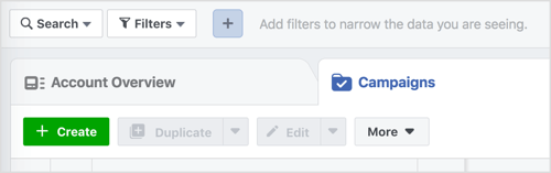 Kliknite gumb Ustvari, da začnete novo Facebook kampanjo.