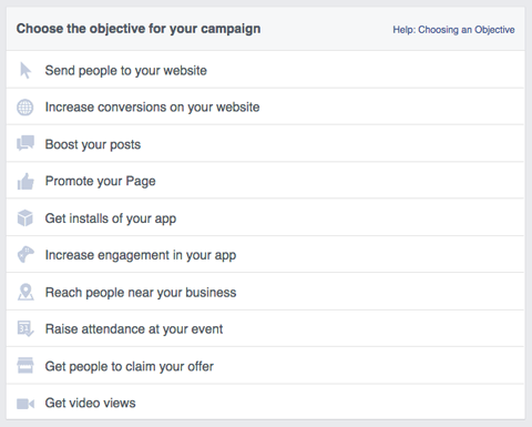 cilji oglasne kampanje na facebooku
