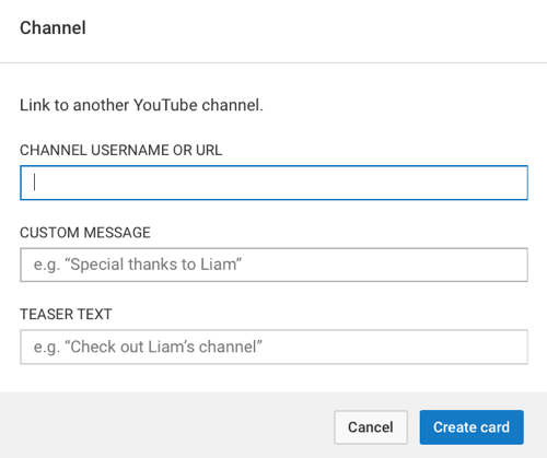 Različne vrste kartic YouTube bodo zahtevale različne informacije, vse pa bodo zahtevale kratko besedilo dražljaja.