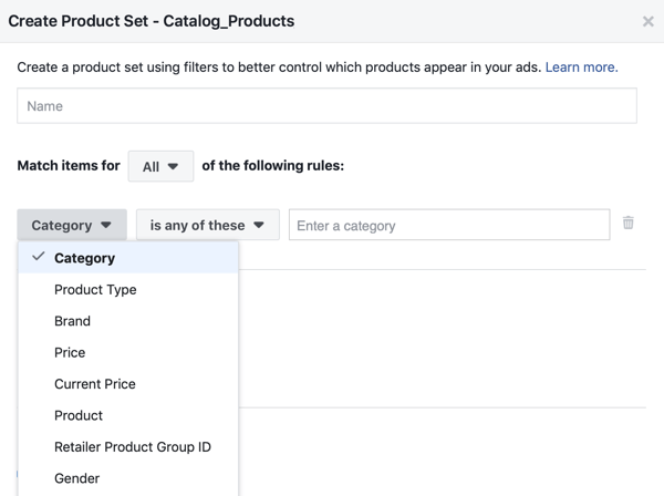 Uporabite orodje za nastavitev dogodka Facebook, korak 28, možnost menija Facebook, da uporabite filtre, na katerih so izdelki prikazani strankam