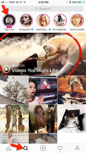 Instagram vsebuje tudi trenutne video posnetke v živo na zavihku Raziskovanje.