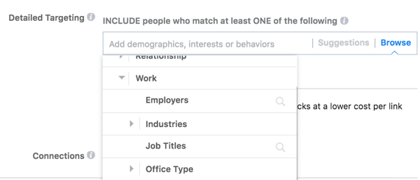 Facebook ponuja podrobne možnosti ciljanja na podlagi dela vaše publike.