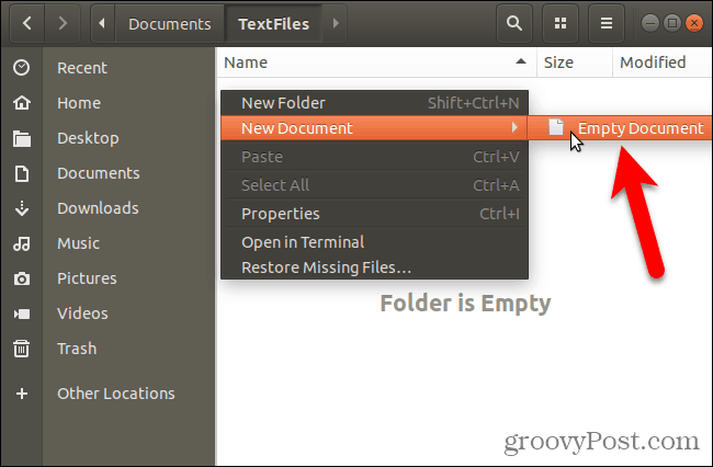 Ustvari nov, prazen dokument v Nautilusu v Ubuntu Linuxu