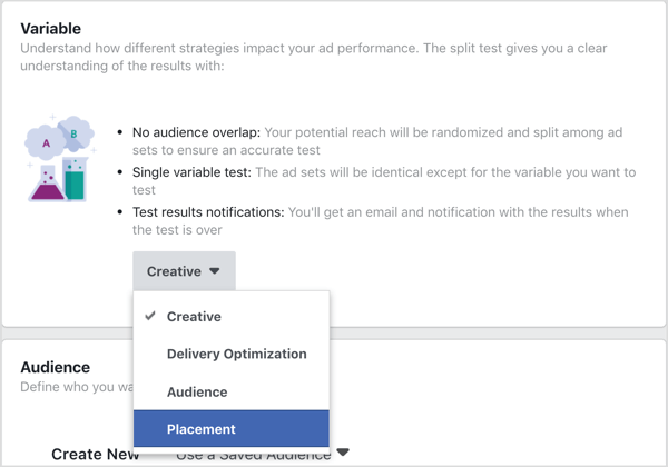 Izberite Placement kot spremenljivko, ki jo želite preizkusiti s Facebook split testom