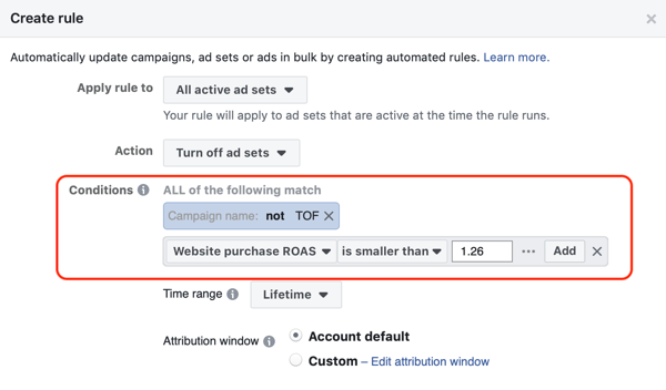 Uporabite samodejna pravila Facebooka, ustavite nastavitev oglasov, ko ROAS pade pod najmanjši, korak 3, nastavitve pogojev