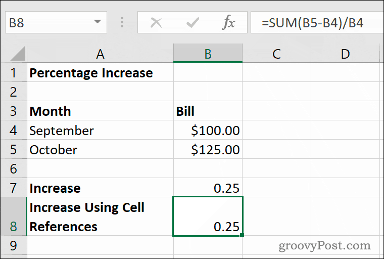 Primer povečanja odstotka v programu Microsoft Excel