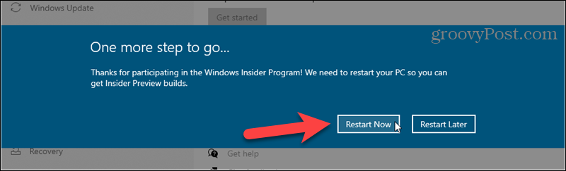 Znova zaženite, da dokončate prijavo za različice Windows Insider