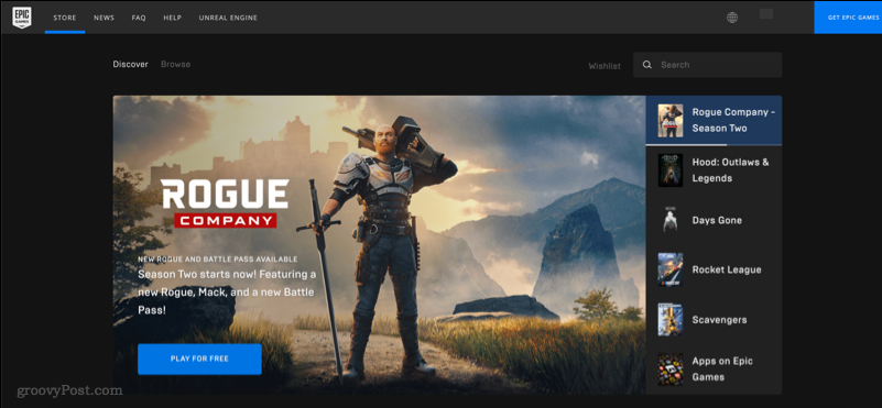 Posnetek zaslona, ​​ki prikazuje spletno mesto Epic Games Store