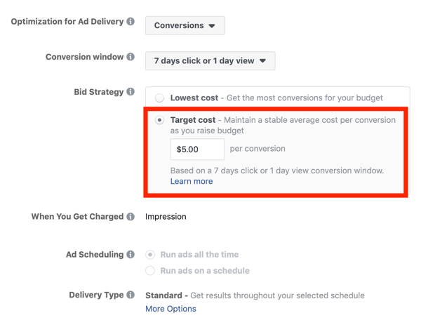 Nasveti za znižanje stroškov oglaševanja na Facebooku, možnost nastavitve strategije ponudb glede na ciljne stroške