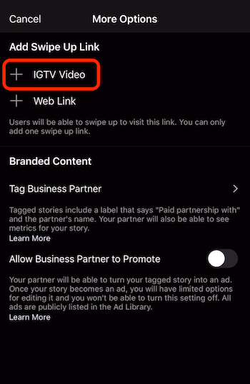 možnost dodajanja povezave s prstom navzgor na video IGTV