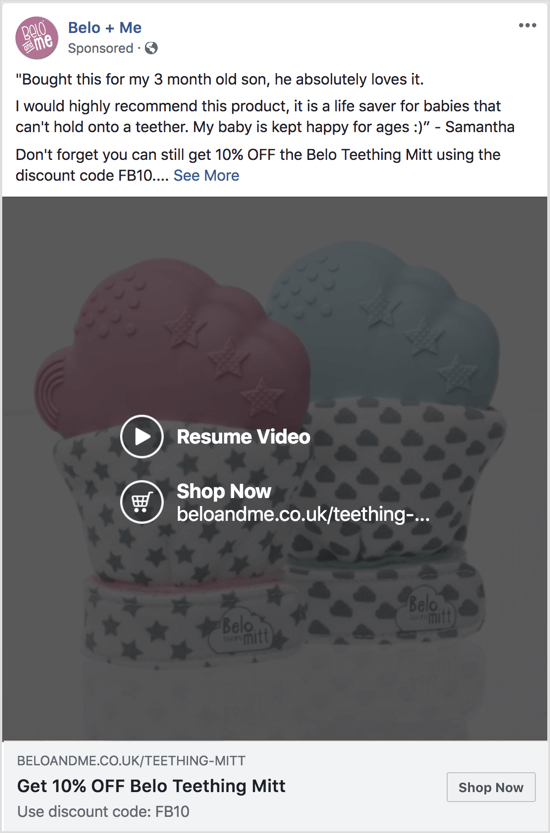 Ta oglas na Facebooku s pomočjo diaprojekcije spodbuja popust na določen izdelek.