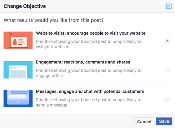 Objektivne možnosti za povečane objave temeljijo na medijih, uporabljenih v vaši objavi na Facebooku.