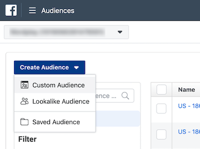 Ustvarite spustni meni Audience v programu Facebook Ads Manager