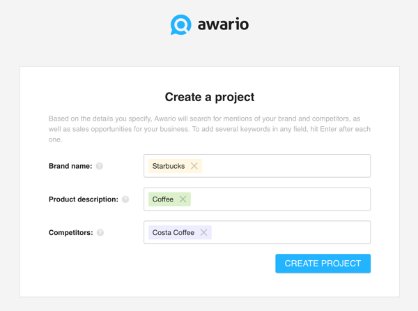 Kako uporabiti Awario za poslušanje družabnih omrežij, 1. korak ustvarite projekt.