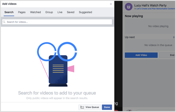 Izberite vir za dodajanje videoposnetkov v čakalno vrsto za gledanje na Facebooku.