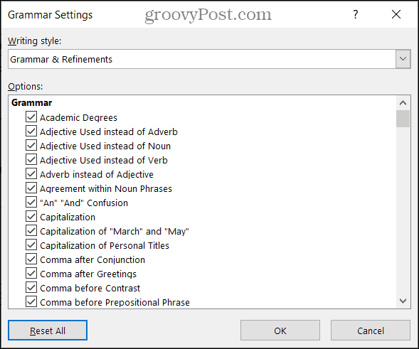 Slovnične nastavitve v Wordu v sistemu Windows