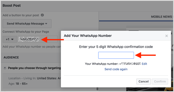 Vnesite potrditveno kodo, ki ste jo prejeli s sporočilom SMS, da povežete svoj račun WhatsApp Business s Facebookom.
