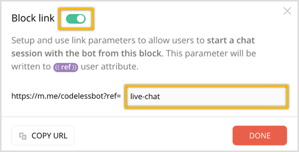 Možnost blokirne povezave ChatFuel