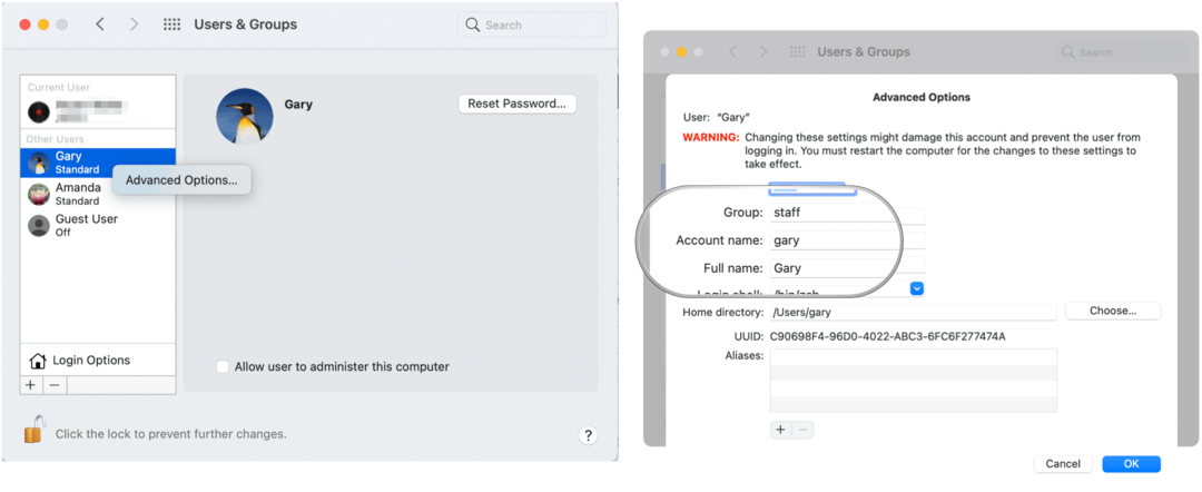 Skrij uporabniške račune v Mac Mac Ime računa