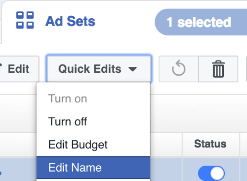 V Facebook Power Editor v spustnem meniju Quick Edits izberite Edit Name.