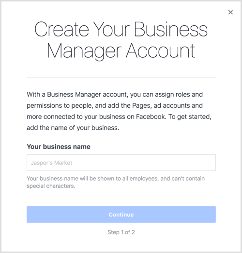 Vnesite ime podjetja, da ustvarite račun Business Manager.