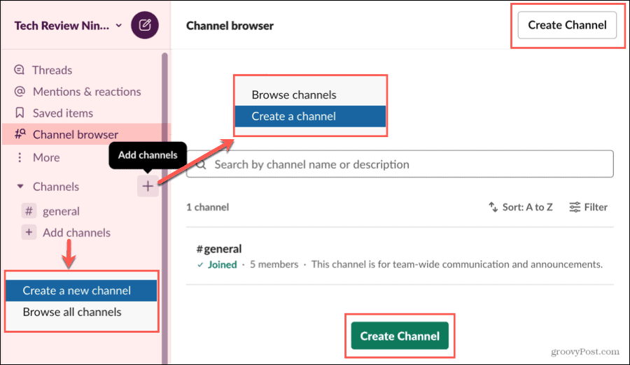 Ustvarite kanal v brskalniku Slack Channel