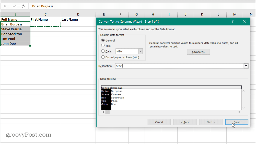 Ločite imena v Excelu