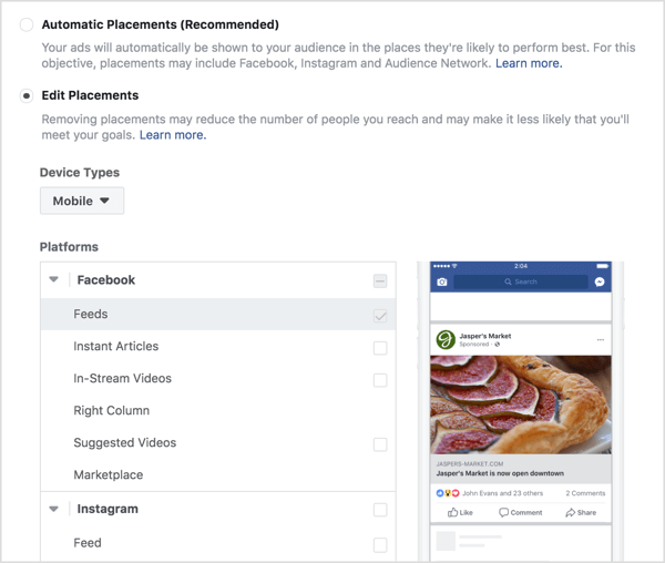 Izberite umestitve za Facebook angažirani oglas.