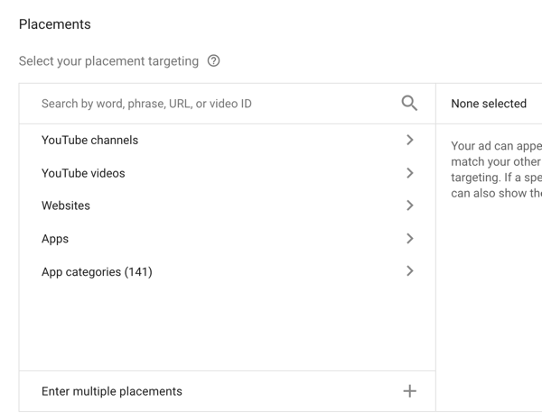 Kako nastaviti oglaševalsko akcijo YouTube, korak 33, možnosti ciljanja na umestitve