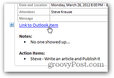 Kliknite Povezava nazaj na element koledarja v Outlooku