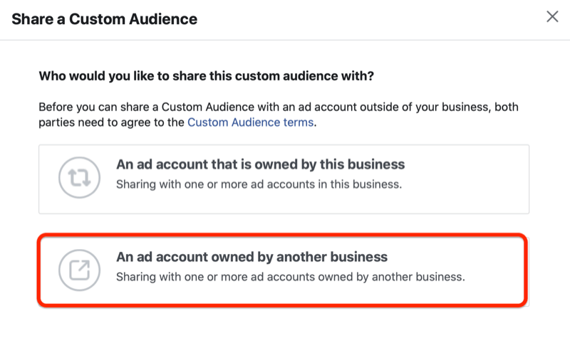 upravitelj oglasov na facebooku deli meni ciljne skupine po meri z označeno možnostjo »Račun oglasa v lasti drugega podjetja«